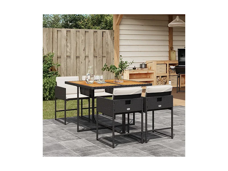 5 peças conjunto de jantar para jardim com almofadões vime PE preto