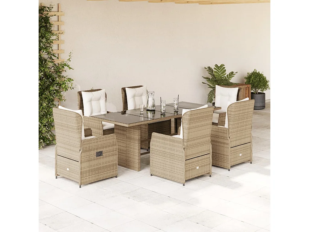 Ensemble à manger de jardin et coussins 7 pièces beige poly rotin