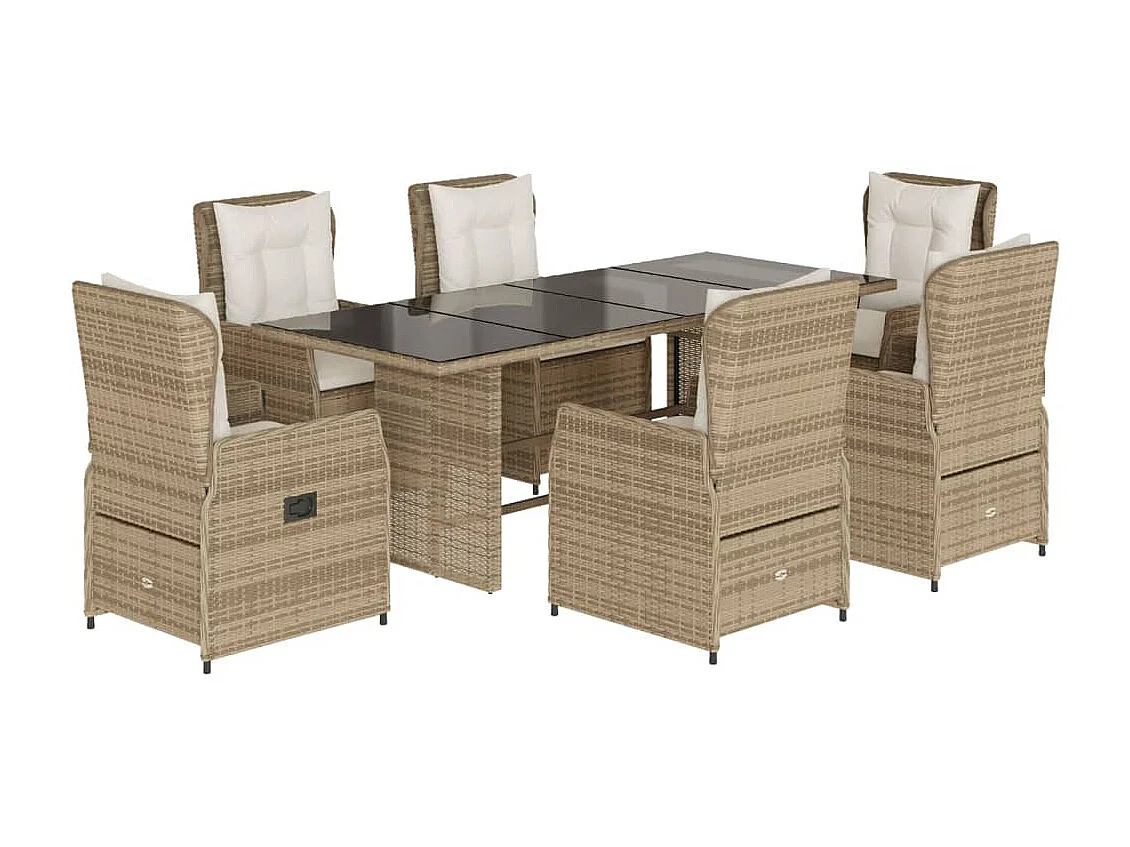 Ensemble à manger de jardin et coussins 7 pièces beige poly rotin