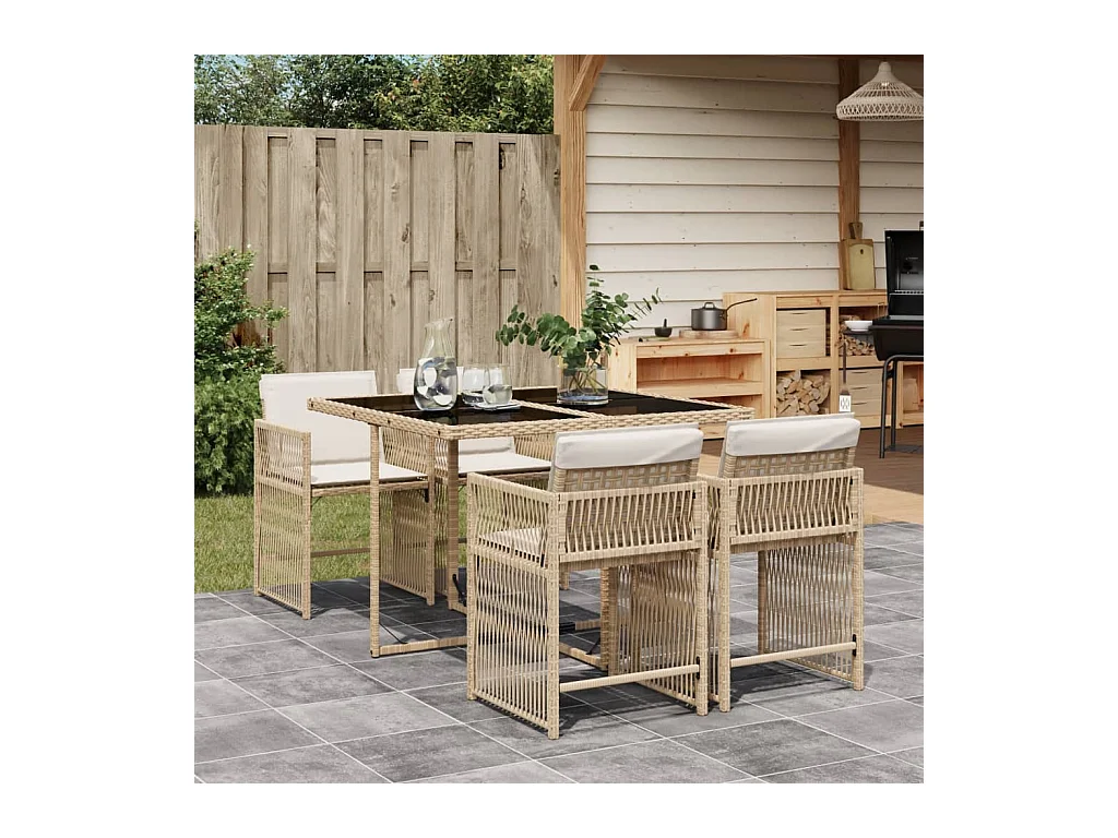 Ensemble à manger de jardin avec coussins 5 pièces Beige poly rotin