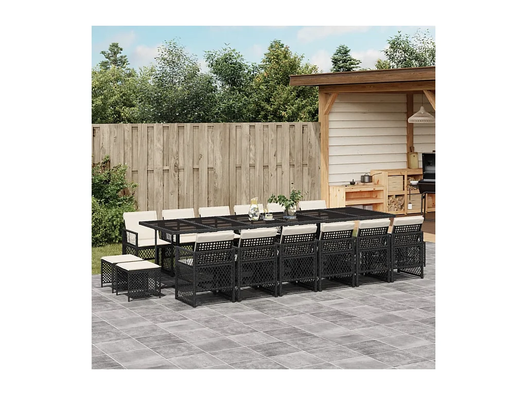 Set de muebles jardín 17 piezas con cojines ratán sintético negro