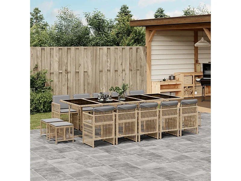 Ensemble à manger de jardin et coussins 15 pièces mélange beige