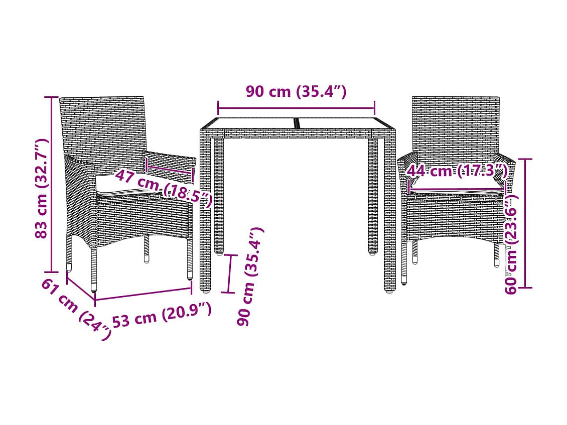 Ensemble à manger de jardin et coussins 3 pièces marron rotin verre