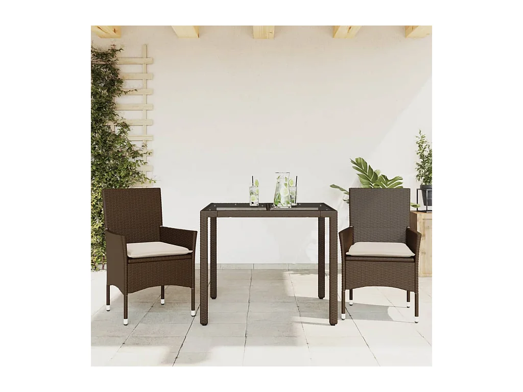 3-delige Tuinset met kussens poly rattan en glas bruin