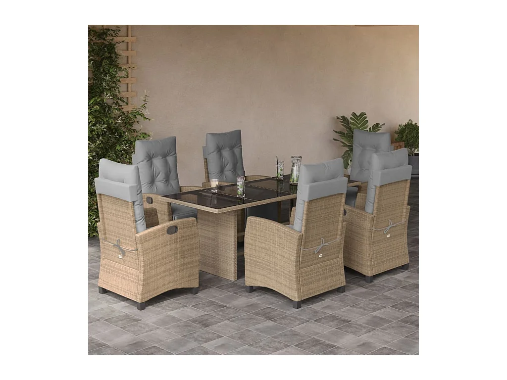 Set comedor de jardín 7 piezas con cojines ratán sintético beige