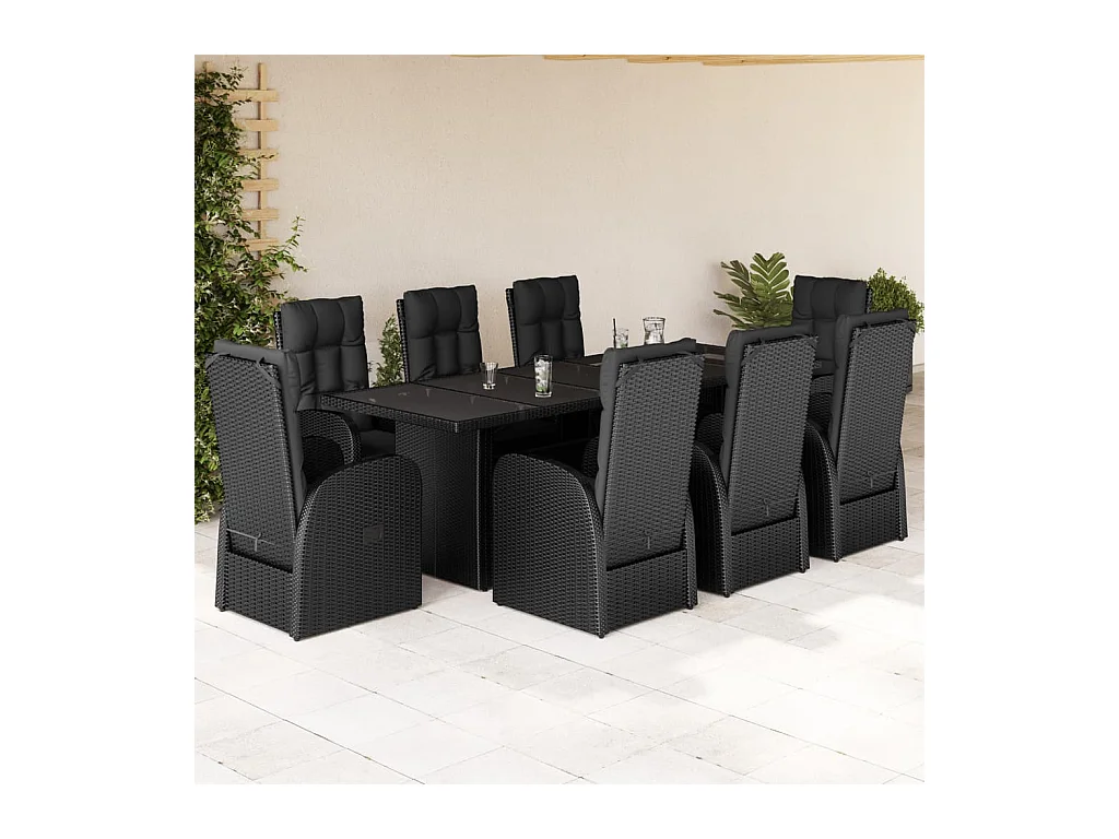 9 peças conjunto de jantar para jardim com almofadões vime PE preto
