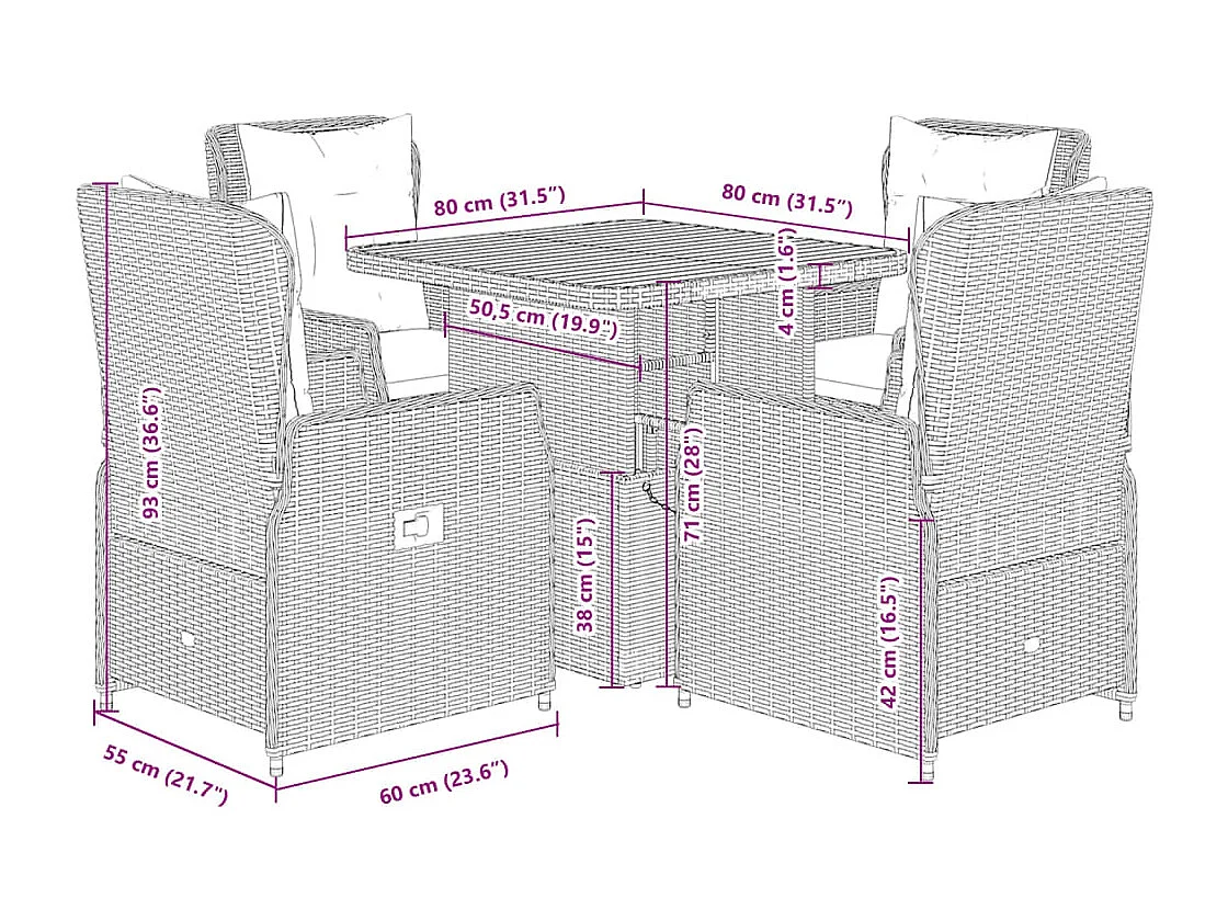 Ensemble à manger de jardin avec coussins 5 pièces Beige poly rotin