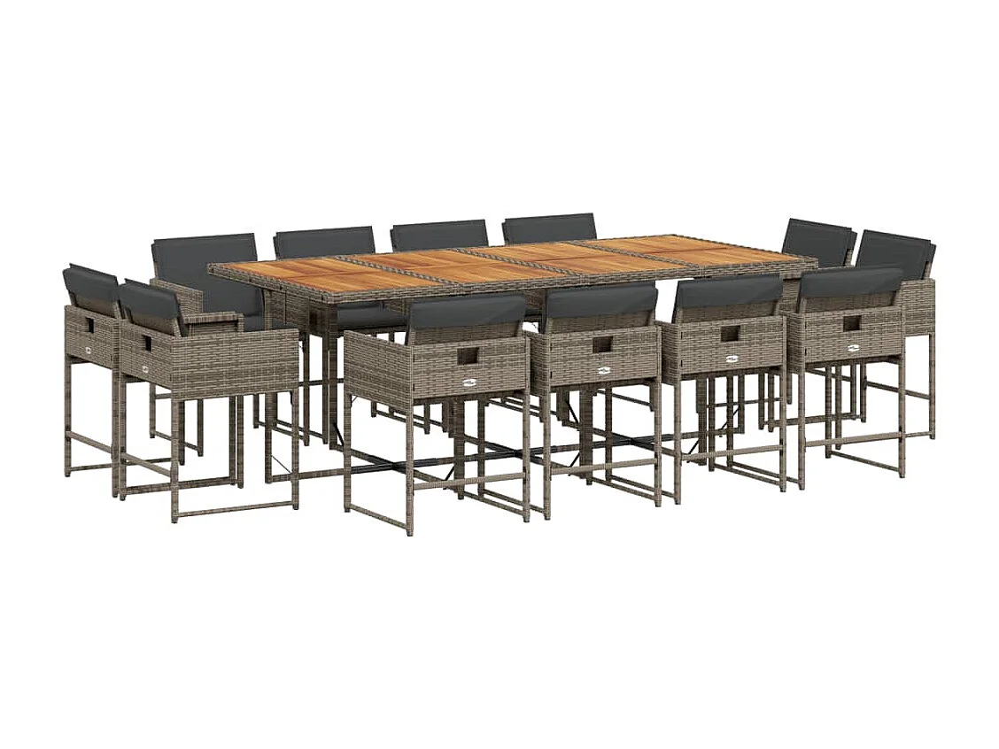 Set comedor de jardín con cojines 13 piezas ratán sintético gris
