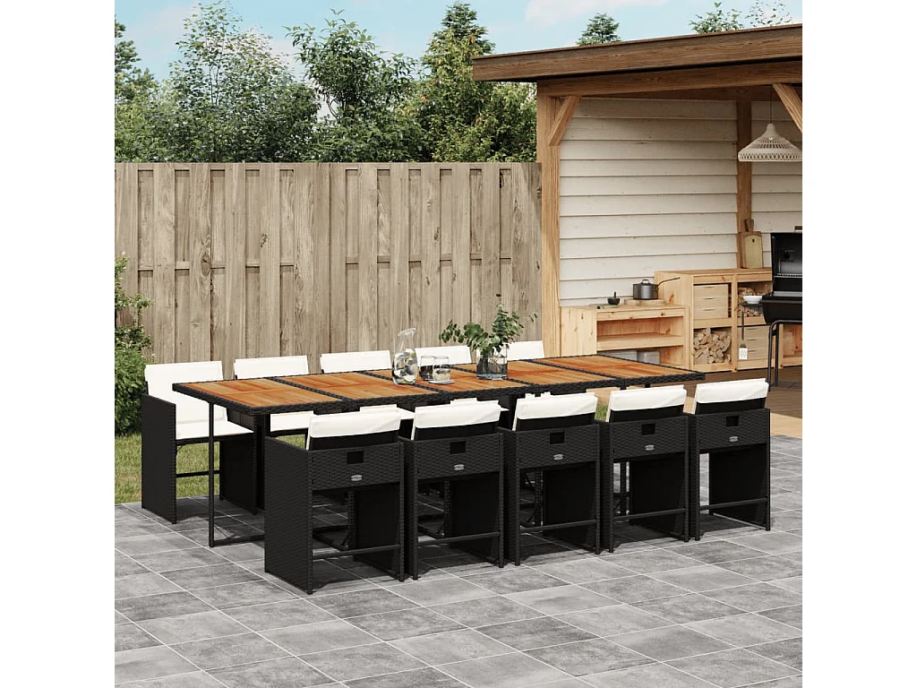 Set de comedor jardín 11 piezas con cojines ratán sintético negro