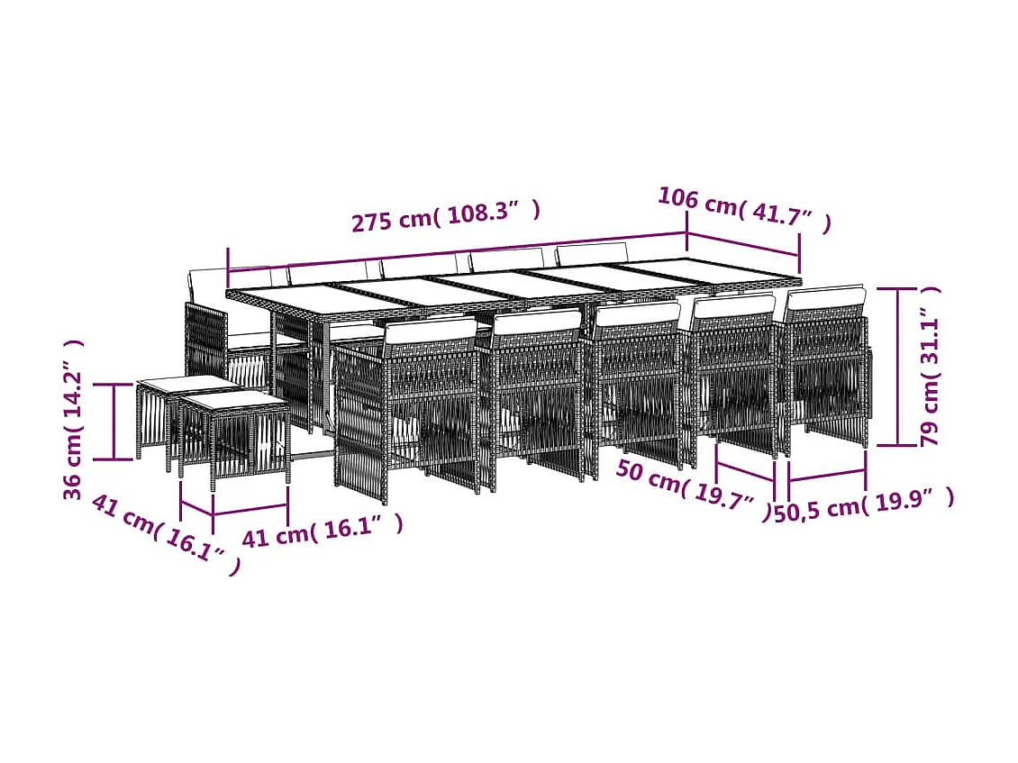 Set comedor de jardín con cojines 15 piezas ratán sintético gris