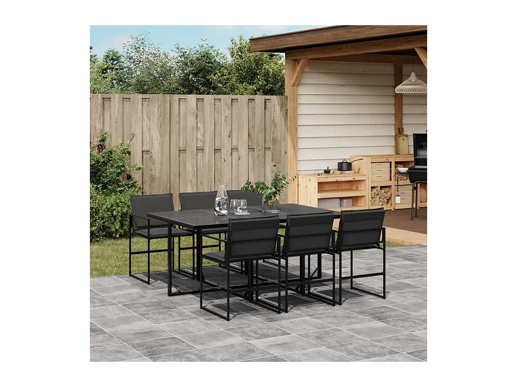 Ensemble à manger de jardin 7 pièces avec coussins noir textilène