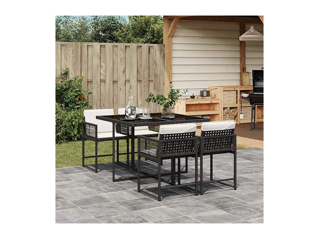 5-delige Tuinset met kussens poly rattan zwart