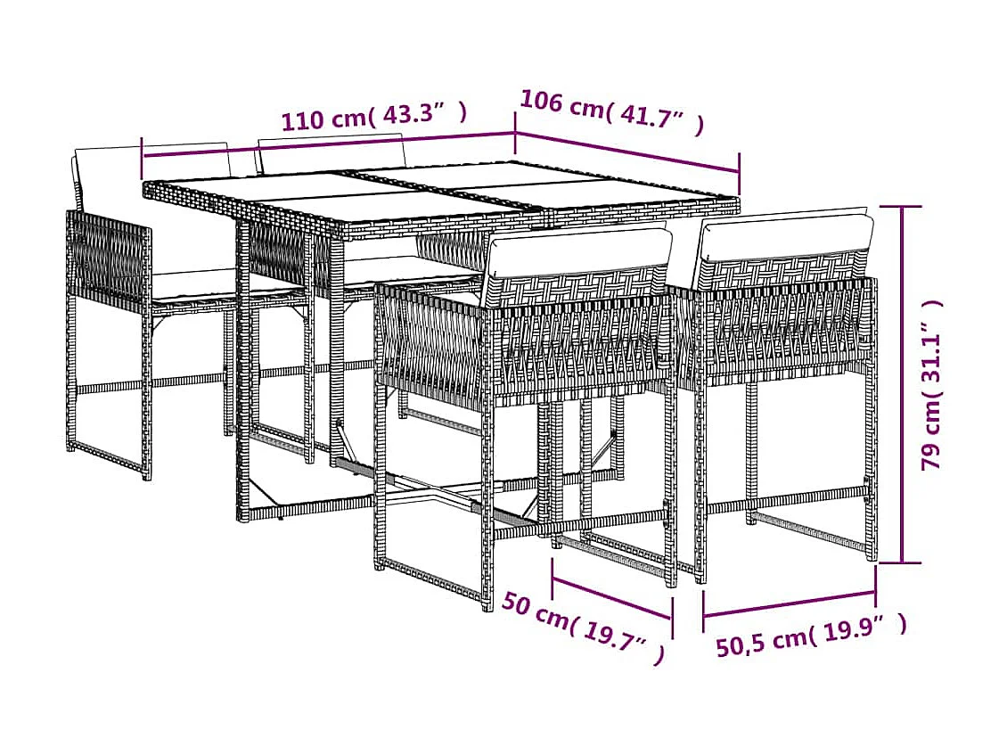 5-delige Tuinset met kussens poly rattan zwart