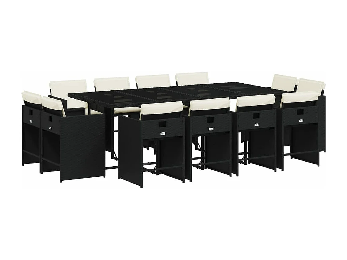 Set comedor de jardín con cojines 13 piezas ratán sintético negro