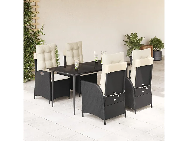 5 peças conjunto de jantar para jardim com almofadões vime PE preto