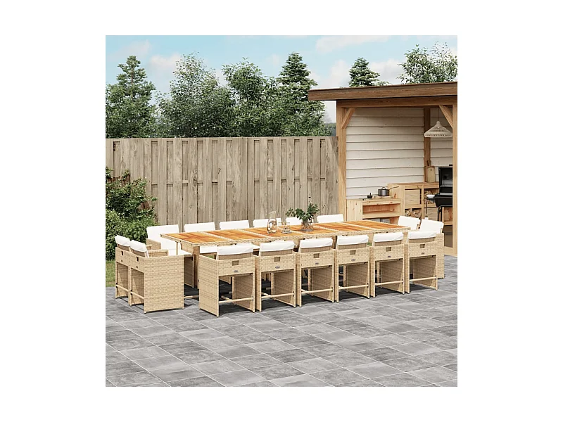 Ensemble à manger de jardin et coussins 17 pièces beige