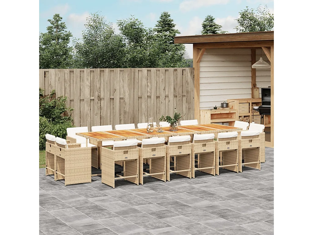 Ensemble à manger de jardin et coussins 17 pièces beige