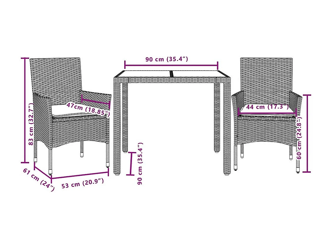 Set comedor jardín 3 piezas y cojines ratán sintético vidrio gris