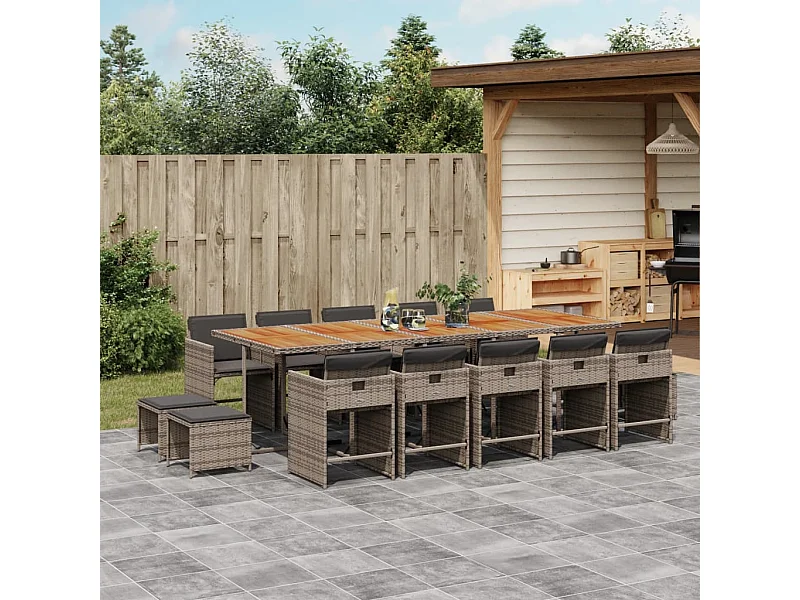 15 peças conjunto jantar para jardim com almofadões vime PE cinzento