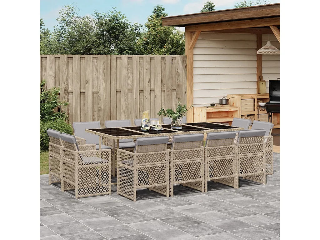 Ensemble à manger de jardin coussins 13 pièces mélange beige rotin