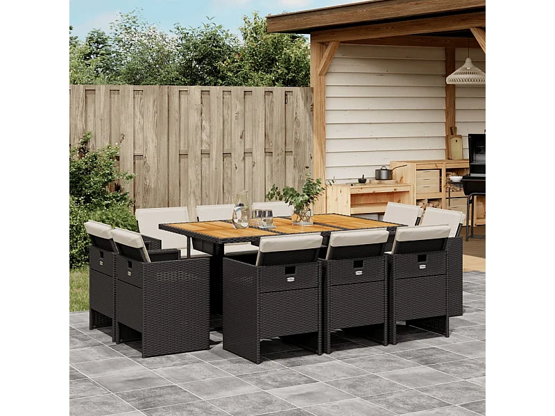 11 peças conjunto de jantar para jardim com almofadões vime PE preto
