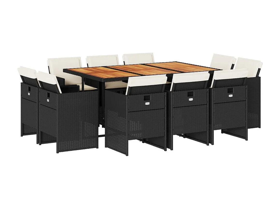 11 peças conjunto de jantar para jardim com almofadões vime PE preto