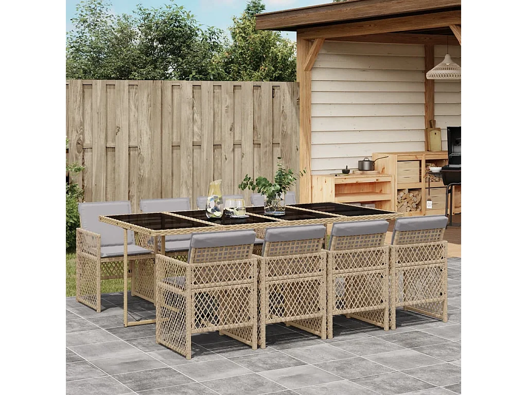 9 peças conjunto de jantar para jardim com almofadões vime PE bege