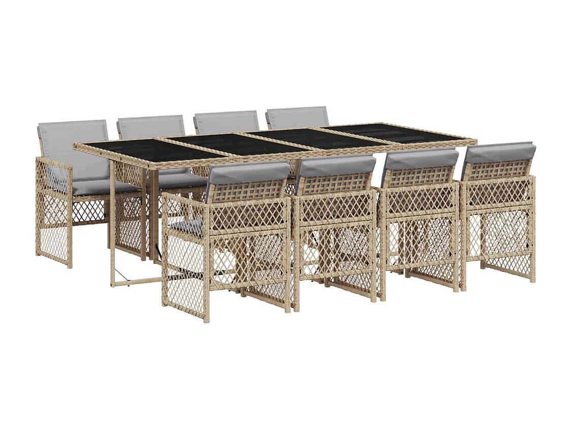 9 peças conjunto de jantar para jardim com almofadões vime PE bege