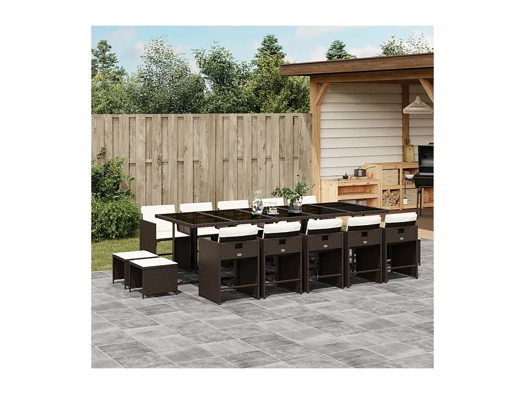 Set comedor de jardín y cojines 15 piezas ratán sintético marrón