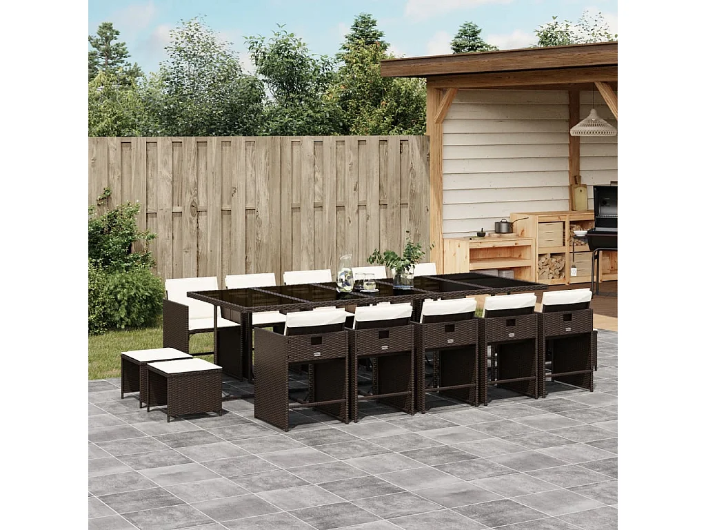 Set comedor de jardín y cojines 15 piezas ratán sintético marrón