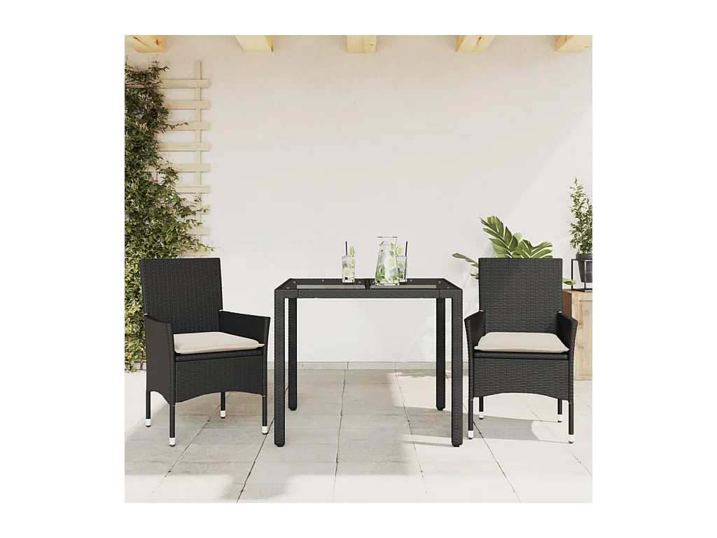 3-delige Tuinset met kussens poly rattan en glas zwart