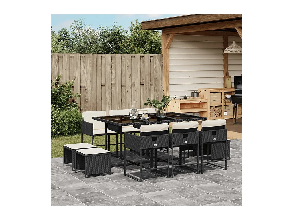 11 peças conjunto de jantar para jardim com almofadões vime PE preto