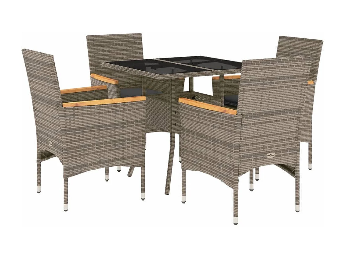 5 peças conjunto jantar jardim com almofadões vime PE/vidro cinza