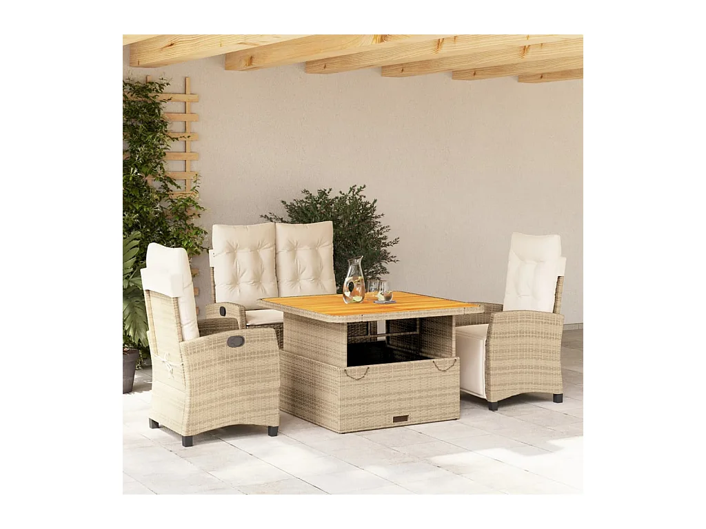 Ensemble à manger de jardin coussins 4 pièces beige résine tressée