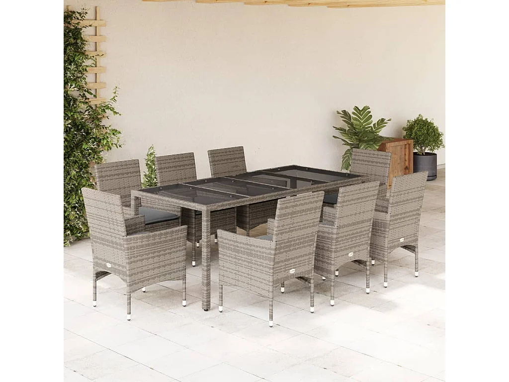 Ensemble à manger de jardin et coussins 9 pièces gris rotin verre