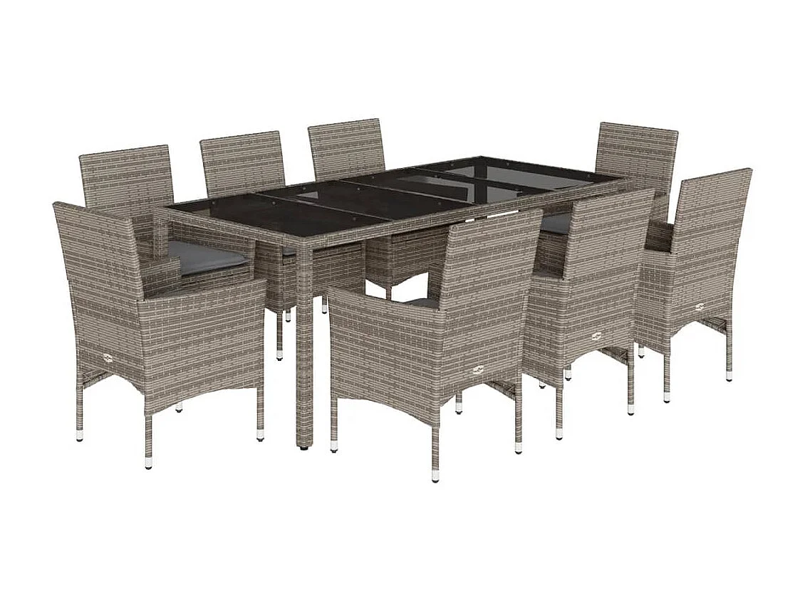 9 peças conjunto jantar jardim com almofadões vime PE/vidro cinza
