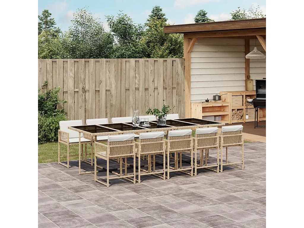 Ensemble à manger de jardin et coussins 11 pièces beige poly rotin