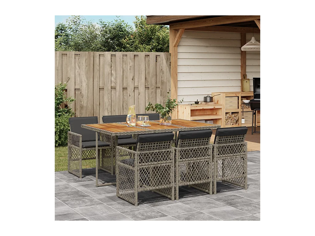 Set comedor jardín 7 piezas y cojines ratán sintético gris