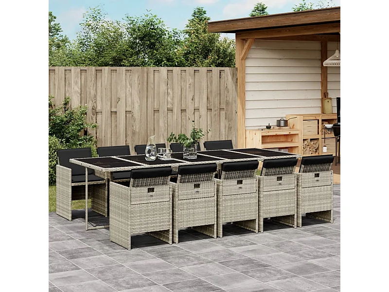 Ensemble à manger de jardin 11 pièces avec coussins gris poly rotin