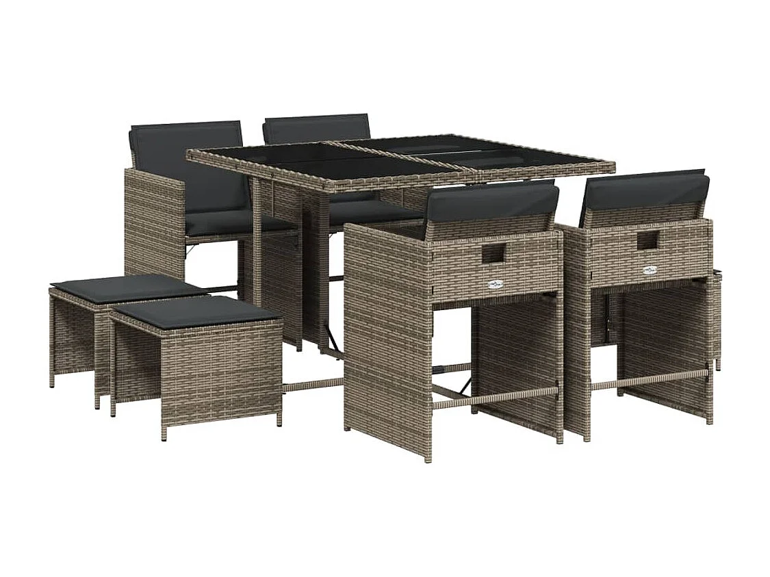 Set comedor jardín 9 piezas y cojines ratán sintético gris