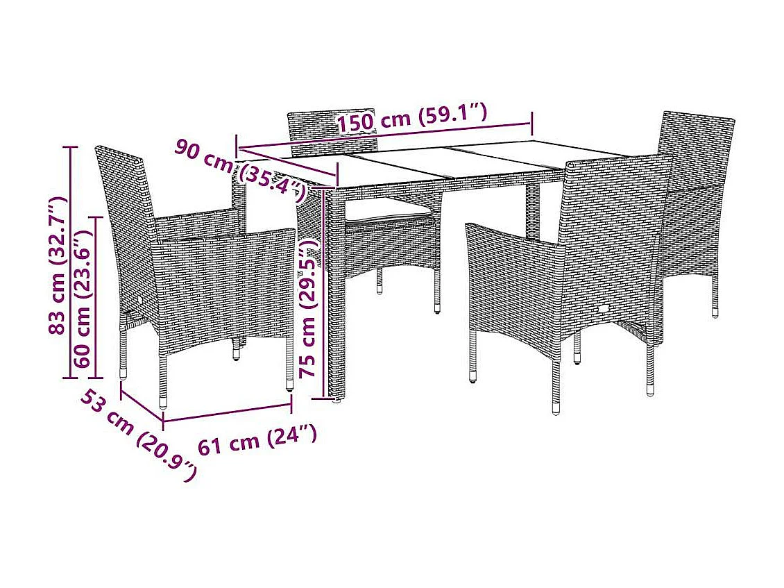 Ensemble à manger de jardin avec coussins 5 pièces rotin et verre