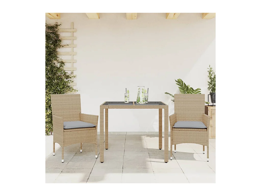 3-delige Tuinset met kussens poly rattan en glas beige