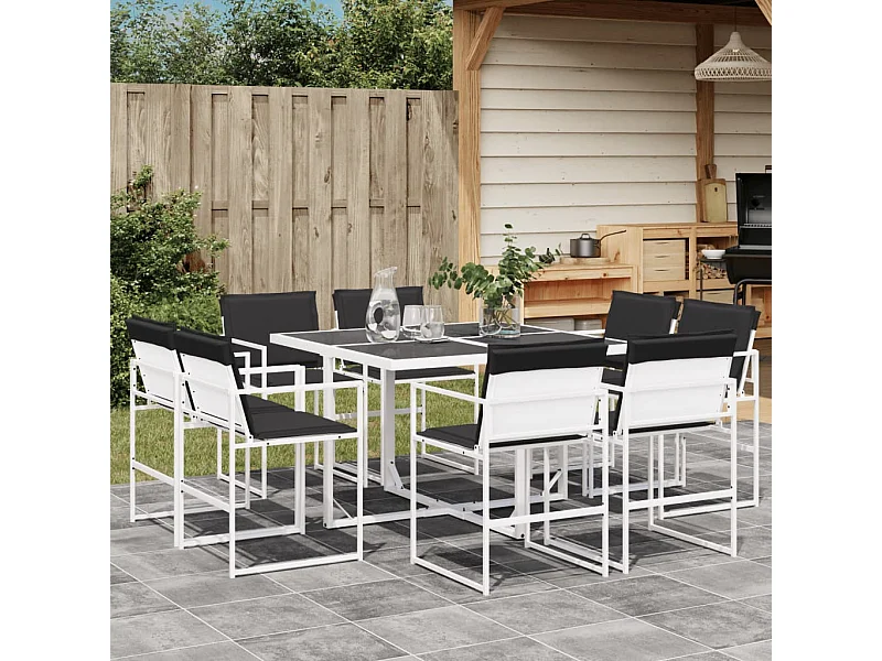 Ensemble à manger de jardin avec coussins 9 pièces blanc textilène