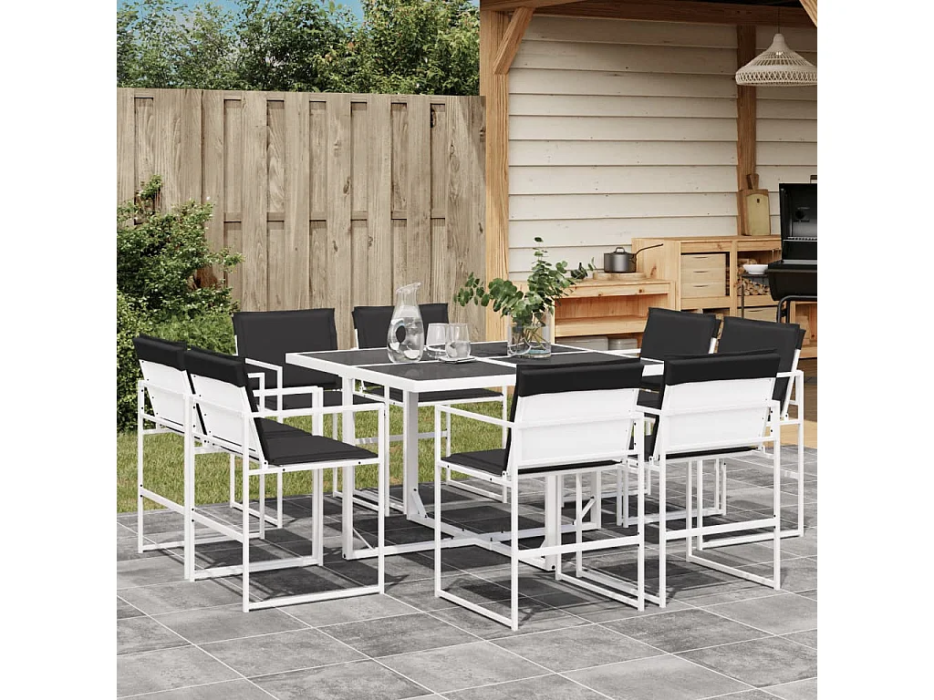 Ensemble à manger de jardin avec coussins 9 pièces blanc textilène
