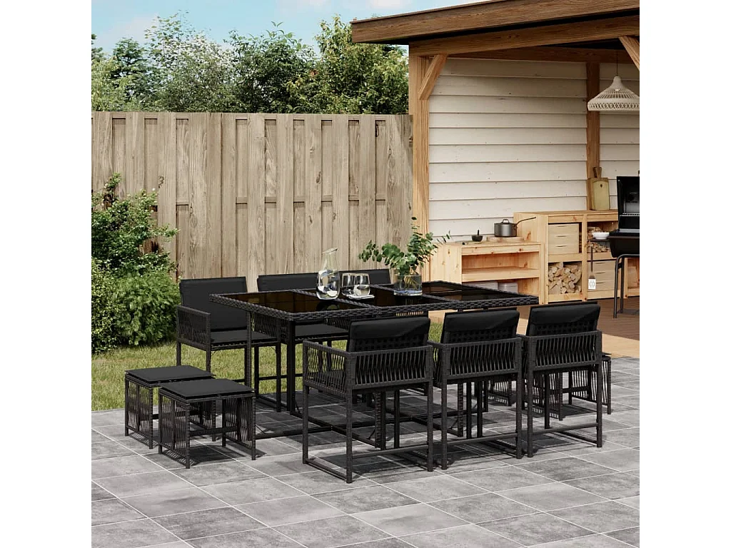 11-delige Tuinset met kussens poly rattan zwart