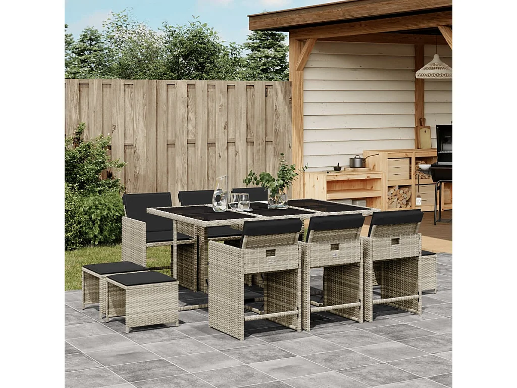 Ensemble à manger de jardin 11 pièces avec coussins gris poly rotin
