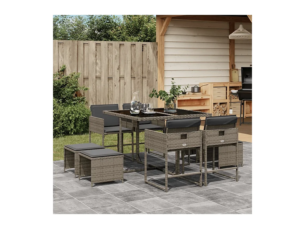 9-delige Tuinset met kussens poly rattan grijs