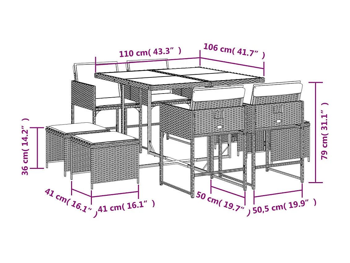 Set comedor jardín 9 piezas y cojines ratán sintético gris