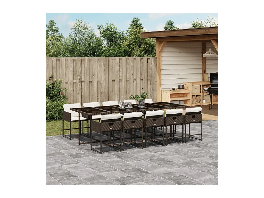 Ensemble à manger de jardin et coussins 11 pièces marron rotin
