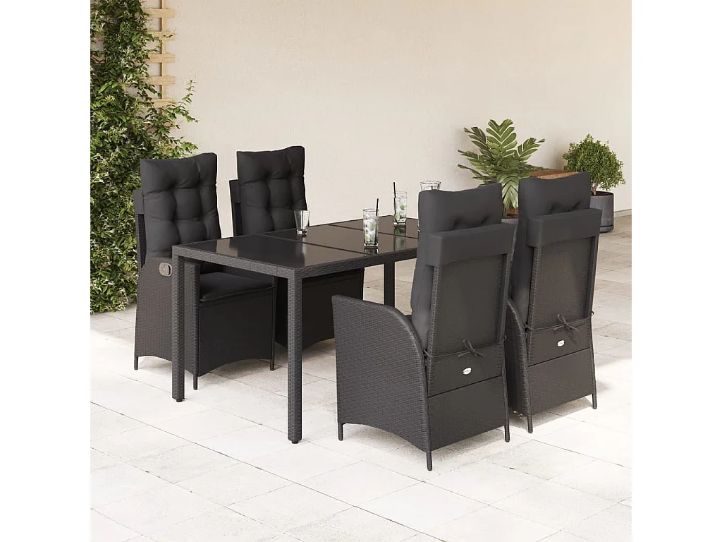 5-delige Tuinset met kussens poly rattan zwart